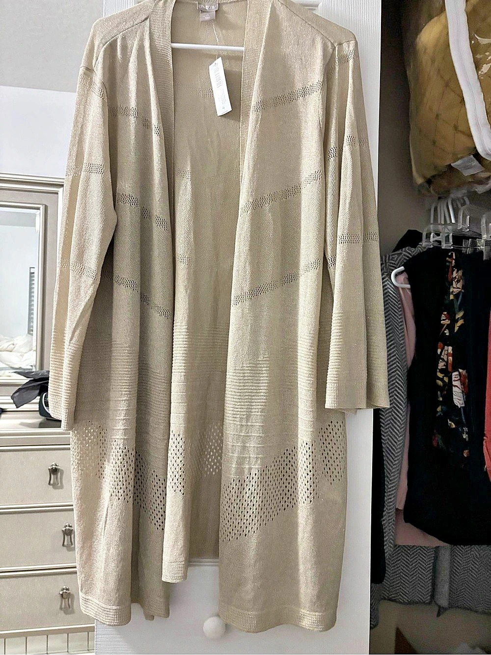 Chico'Small Shine Pointelle Stitch Sweater Cardigan Beige Size 4